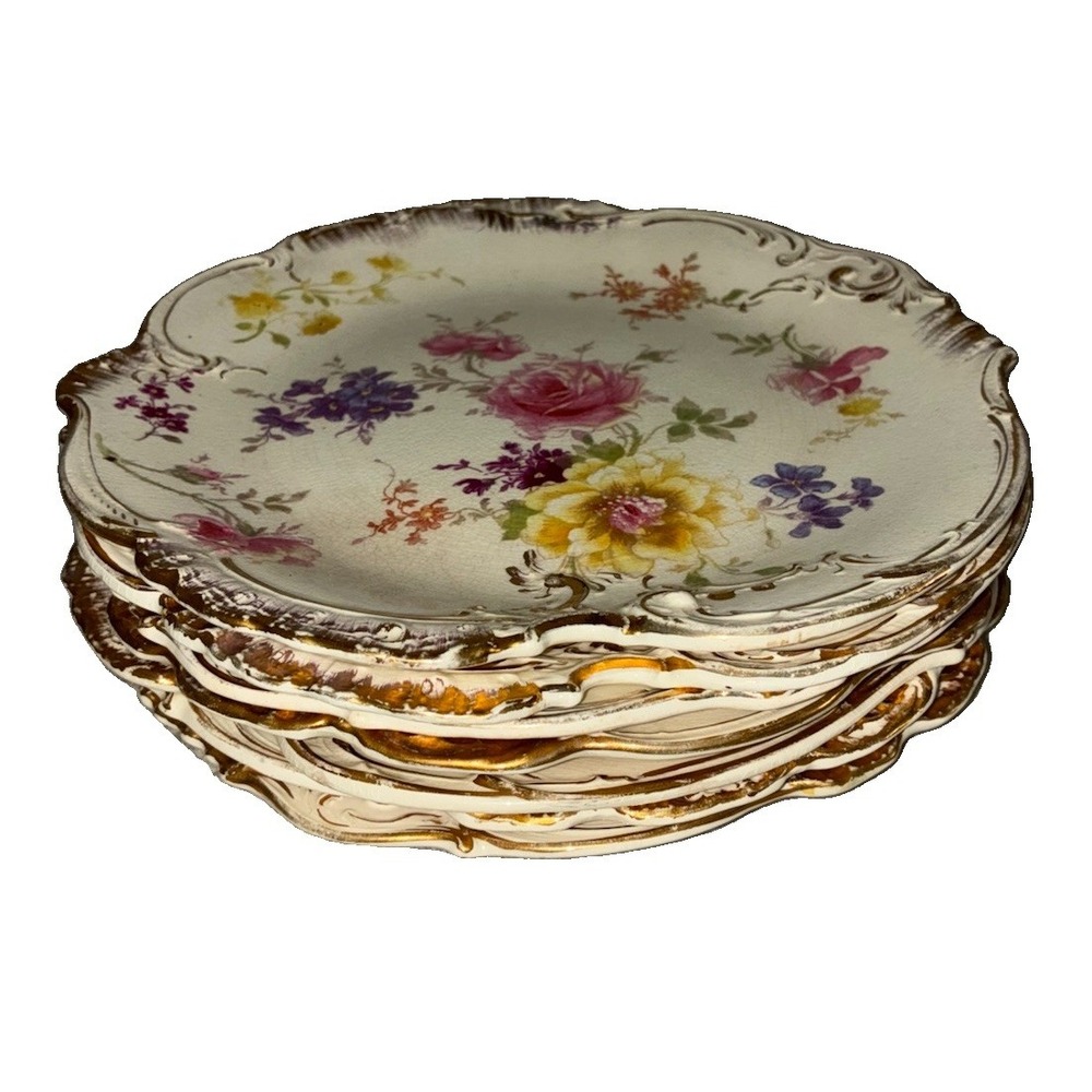 Vintage Bonn Germany Plate Hand Painted Floral Gold Trim Porcelain 9" 7 pc *flaw